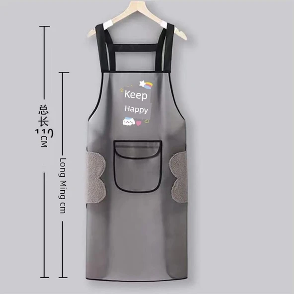 TPU Şeffaf Su Geçirmez Mutfak Önlüğü - Şerit [Keep Happy] 95cm - Cepli ve El Silme Özellikli - 1 Adet