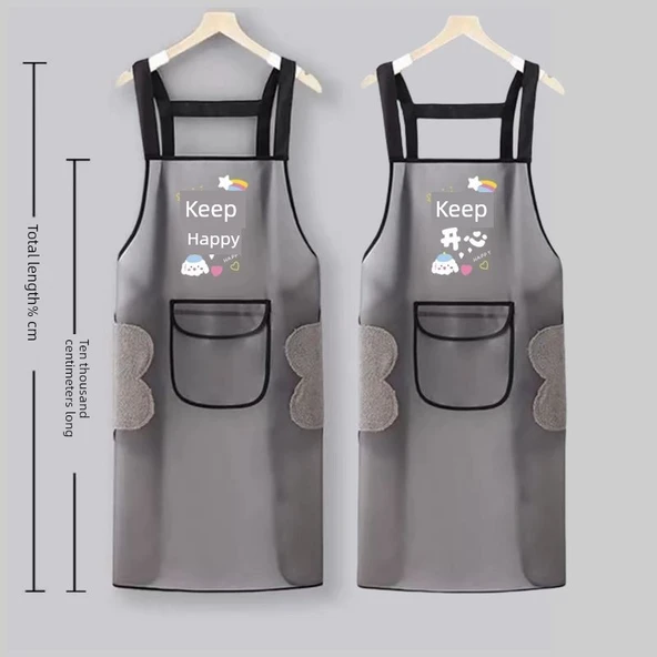 TPU Şeffaf Su Geçirmez Mutfak Önlüğü - Şerit [Keep Happy] 75cm - Cepli ve El Silme Özellikli - 2 Adet