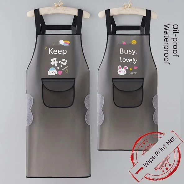 TPU Şeffaf Su Geçirmez Mutfak Önlüğü - Şerit [Busy Cute] 75cm - Cepsiz - 2 Adet - 2