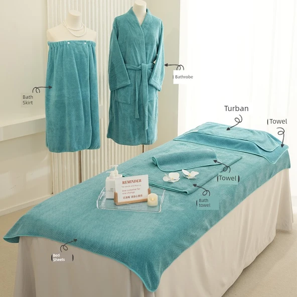 Nano Kadife Tavus Kuşu Mavisi Beşli Set (Üçlü Set + Banyo Eteği + Çarşaf)
