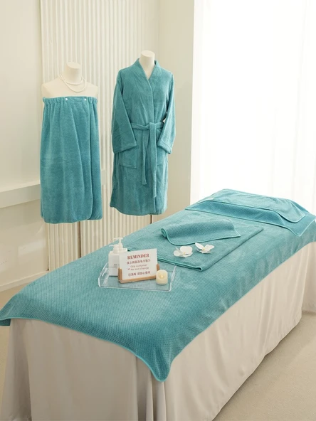 Nano Kadife Tavus Kuşu Mavisi Beşli Set (Üçlü Set + Banyo Eteği + Çarşaf) - 6