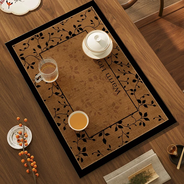 Çin Tarzı Zen Çay Matı - Diatomlu Çamur Emici - Yumuşak Dal Desenli-3 - 40x50 cm