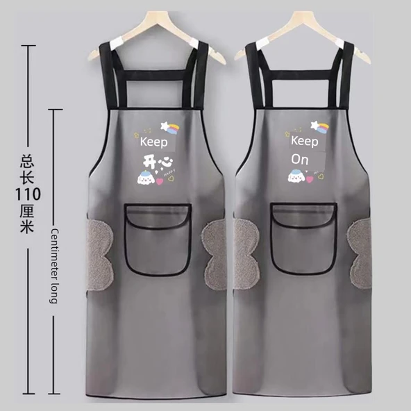 TPU Şeffaf Su Geçirmez Mutfak Önlüğü - Şerit [Busy Cute] 95cm - Cepli ve El Silme Özellikli - 2 Adet