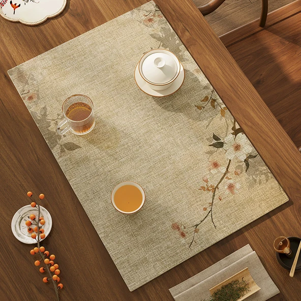 Çin Tarzı Zen Çay Matı - Diatomlu Çamur Emici - Açık Çiçek Desenli-1 - 40x60 cm
