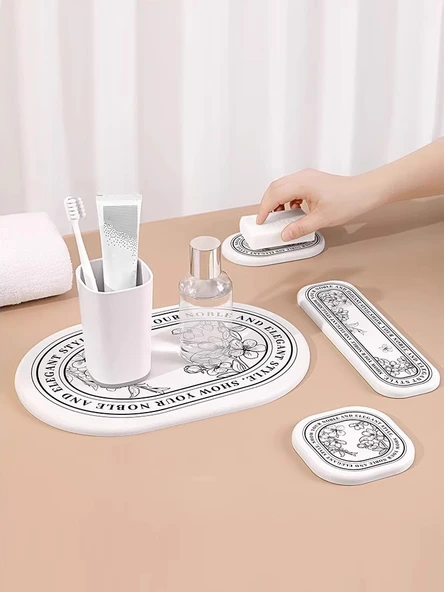 Diatomit Emici Paspas - Dörtlü Set - Fransız Desenli - 5