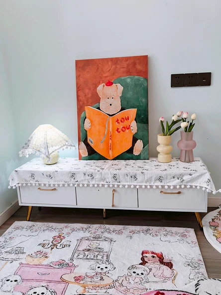 Beyaz Çiçekli Pamuklu Keten Mobilya Örtüsü - Saçaklı - 40x90cm - 5