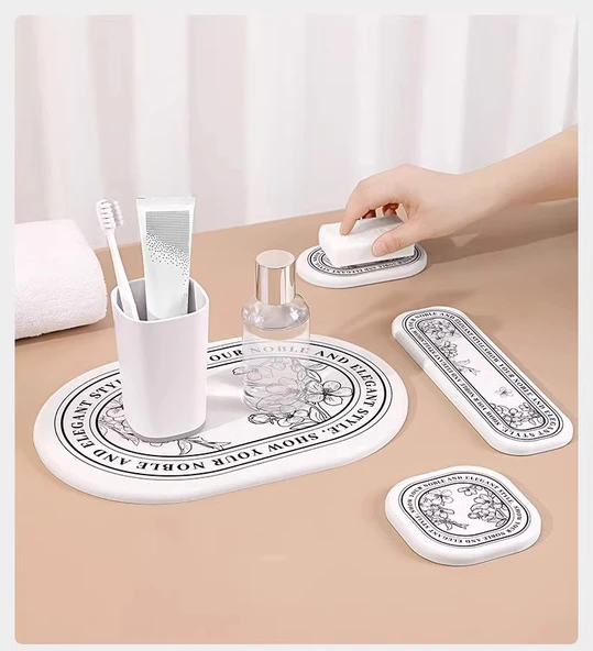 Diatomit Emici Paspas - Dörtlü Set - Fransız Desenli - 9