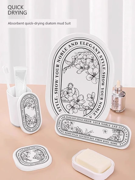 Diatomit Emici Paspas - Dörtlü Set - Fransız Desenli - 4