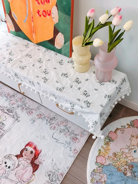 Beyaz Çiçekli Pamuklu Keten Mobilya Örtüsü - Saçaklı - 40x90cm