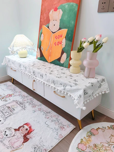 Beyaz Çiçekli Pamuklu Keten Mobilya Örtüsü - Saçaklı - 40x180cm - 4