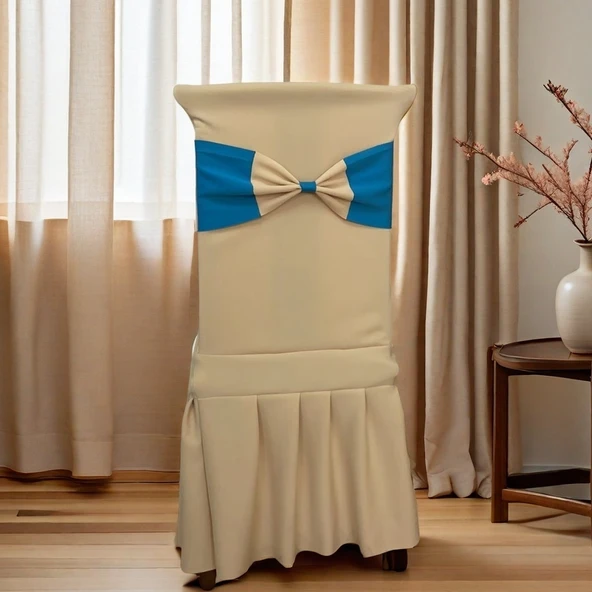 Elastik Polyester Sandalye Kılıfı - Şampanya ve Kemerli