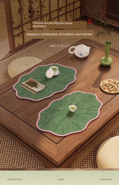 Çin Tarzı Lotus Çay Altlığı - Lotus Yaprağı Şekilli - 30x50cm - Resim 9