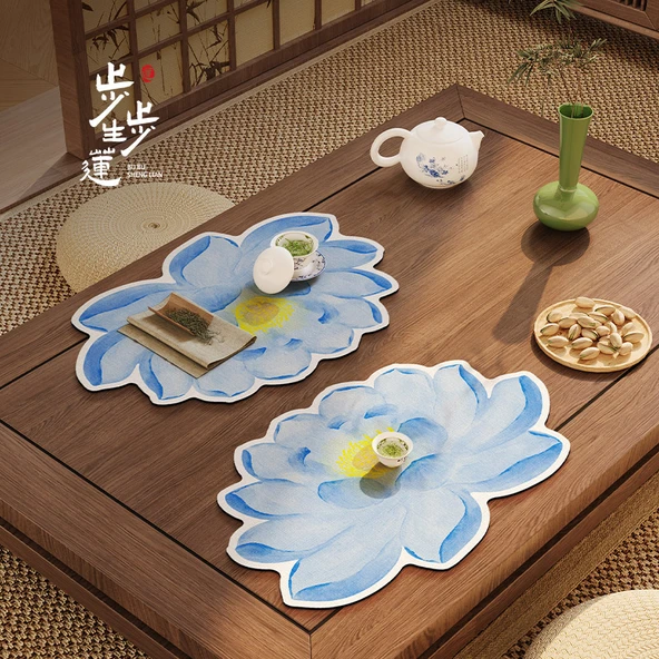 Çin Tarzı Lotus Çay Altlığı - Mavi Lotus Ay Suyu Desenli - 45x70cm