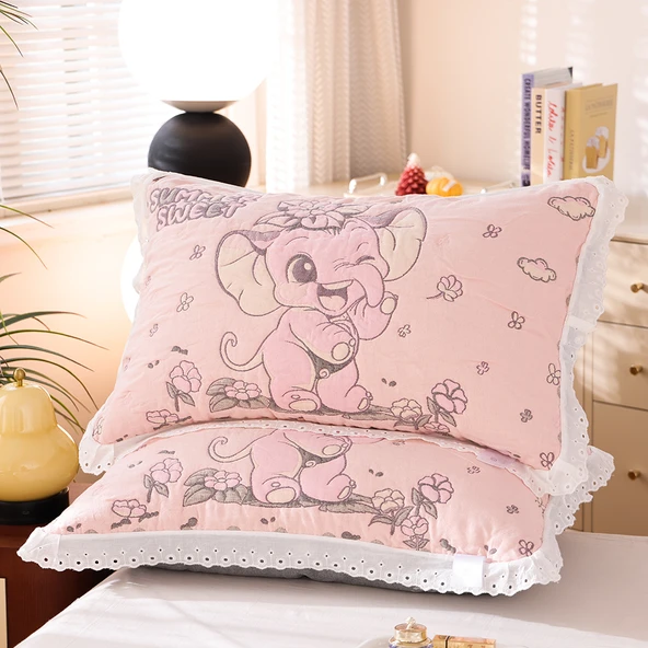 Pamuklu Dantelli Müslin Yastık Kılıfı - Yaz Fil Tozu Desenli Çift - 48cm x 74cm
