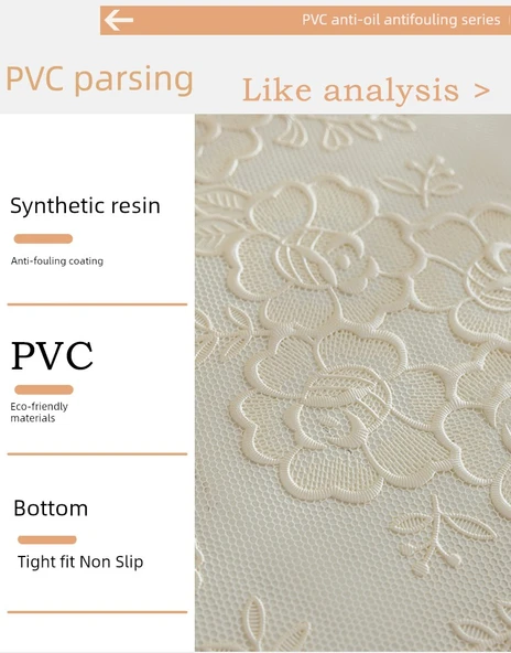 Yağa Dayanıklı PVC Dantel Masa Örtüsü - Qingcheng Şakayık Desenli - Krem - 100cm Yuvarlak - Resim 8