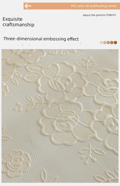 Yağa Dayanıklı PVC Dantel Masa Örtüsü - Qingcheng Şakayık Desenli - Krem - 100cm Yuvarlak - Resim 10