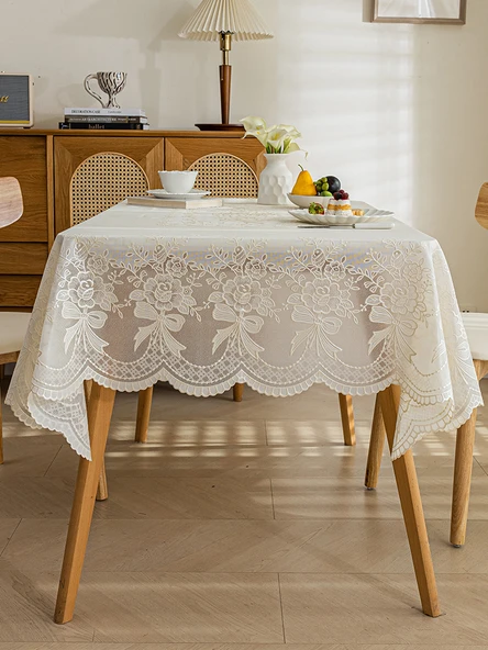 Yağa Dayanıklı PVC Dantel Masa Örtüsü - Qingcheng Şakayık Desenli - Krem - 100cm Yuvarlak - Resim 2