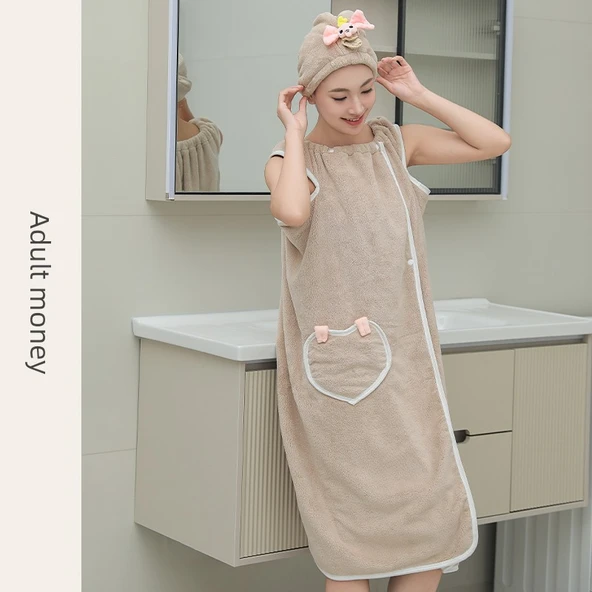 Giyilebilir Banyo Havlu Eteği - Sütlü Kahve (Yetişkin 150-175cm) - Banyo Eteği + Saç Bonesi