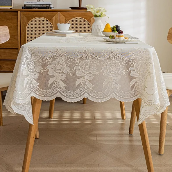 Yağa Dayanıklı PVC Dantel Masa Örtüsü - Qingcheng Şakayık Desenli - Krem - Dikdörtgen 110x160cm