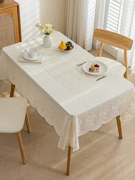 Yağa Dayanıklı PVC Dantel Masa Örtüsü - Qingcheng Şakayık Desenli - Krem - 100cm Yuvarlak - Resim 6