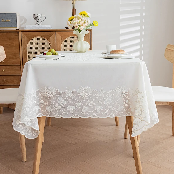 Yağa Dayanıklı PVC Dantel Masa Örtüsü - Krizantem Desenli - Beyaz - Oval 137x182cm
