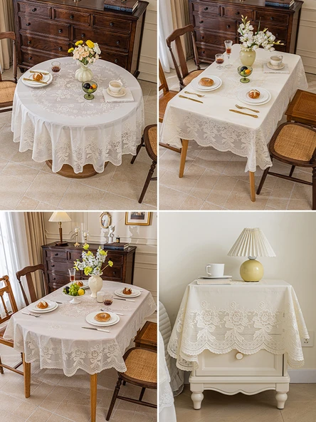 Yağa Dayanıklı PVC Dantel Masa Örtüsü - Qingcheng Şakayık Desenli - Krem - 100cm Yuvarlak - Resim 3