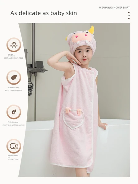 Giyilebilir Banyo Havlu Eteği - Açık Pembe (Yetişkin 150-175cm) - Banyo Eteği + Saç Bonesi - 4
