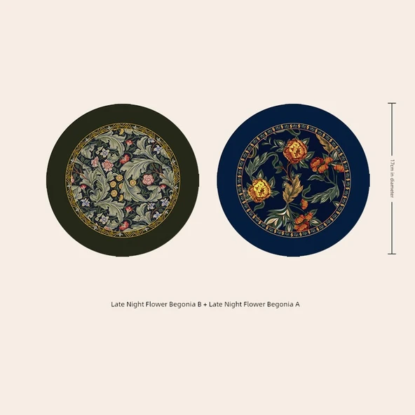 Retro Çiçekli Deri Amerikan Servisi - Gece Yarısı Çiçeği-Begonya B + Begonya A - 17cm Yuvarlak