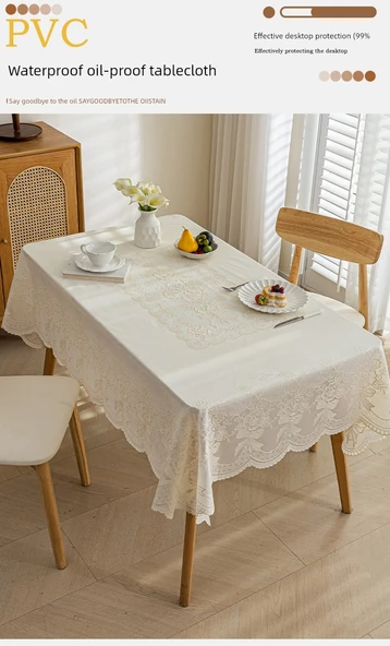 Yağa Dayanıklı PVC Dantel Masa Örtüsü - Qingcheng Şakayık Desenli - Krem - 100cm Yuvarlak - Resim 7