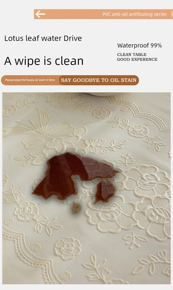 Yağa Dayanıklı PVC Dantel Masa Örtüsü - Qingcheng Şakayık Desenli - Krem - 100cm Yuvarlak - Resim 9