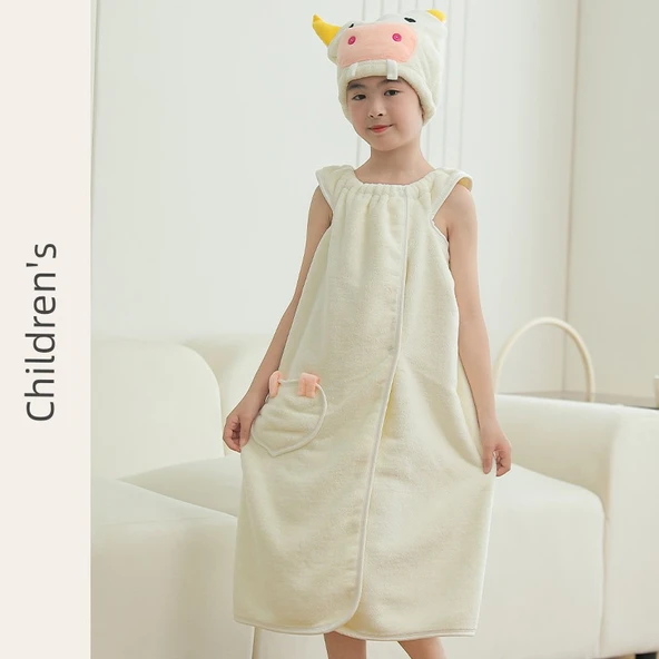 Giyilebilir Banyo Havlu Eteği - Bej (Çocuk 120-150cm) - Banyo Eteği + Saç Bonesi