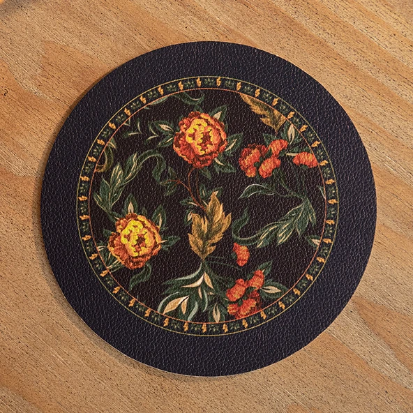 Retro Çiçekli Deri Amerikan Servisi - Gece Yarısı Çiçeği-Begonya A - 17cm Yuvarlak