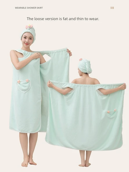 Giyilebilir Banyo Havlu Eteği - Açık Mavi (Desenli) - Banyo Eteği + Saç Bonesi - 6