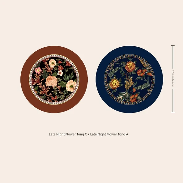 Retro Çiçekli Deri Amerikan Servisi - Gece Yarısı Çiçeği-Tong C + Tong A - 17cm Yuvarlak