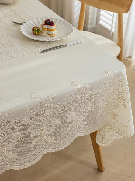 Yağa Dayanıklı PVC Dantel Masa Örtüsü - Qingcheng Şakayık Desenli - Krem - 100cm Yuvarlak - Resim 4