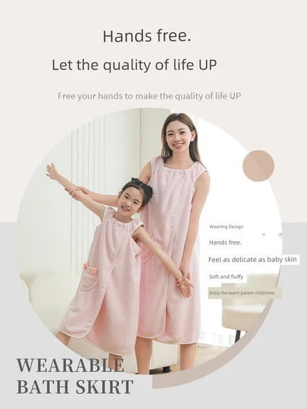 Giyilebilir Banyo Havlu Eteği - Açık Pembe (Desenli) - Banyo Eteği + Saç Bonesi - 3