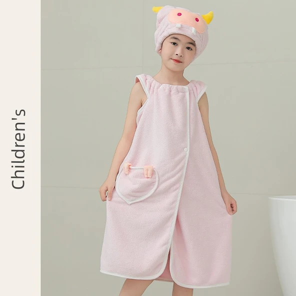 Giyilebilir Banyo Havlu Eteği - Açık Pembe (Çocuk 120-150cm) - Banyo Eteği + Saç Bonesi