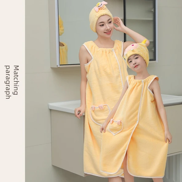 Giyilebilir Banyo Havlu Eteği - Kayısı Sarısı (Desenli) - Banyo Eteği + Saç Bonesi