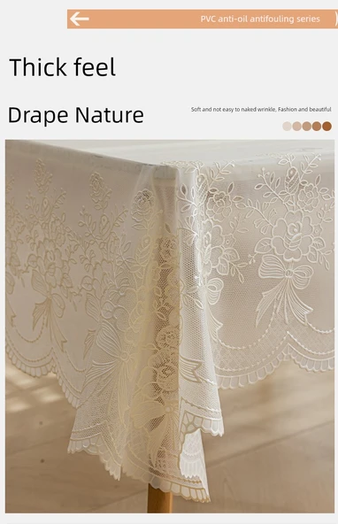 Yağa Dayanıklı PVC Dantel Masa Örtüsü - Qingcheng Şakayık Desenli - Krem - 100cm Yuvarlak - Resim 11