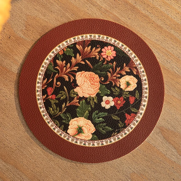 Retro Çiçekli Deri Amerikan Servisi - Gece Yarısı Çiçeği-Tang C - 17cm Yuvarlak