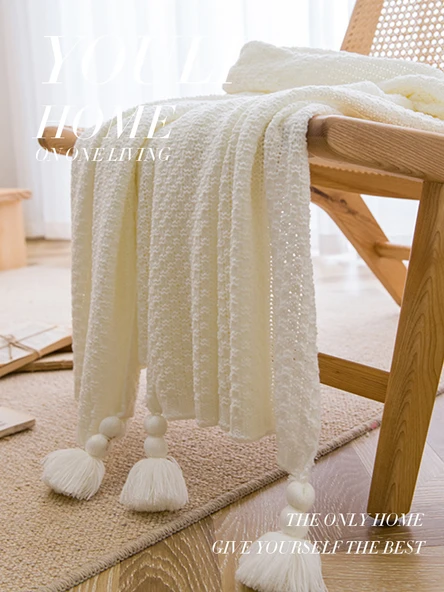 İskandinav Retro Püsküllü Dokuma Battaniye - Zencefil Sarısı Püskül - 110cm*200cm - 6