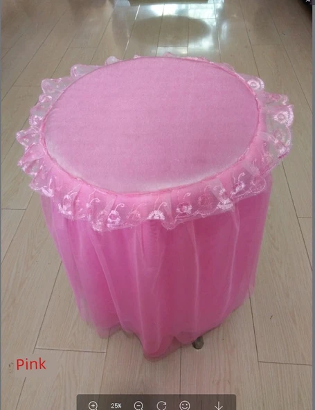 Dantelli Yuvarlak Tabure Kılıfı - Pembe - 34-35cm Çap - 45cm Yükseklik