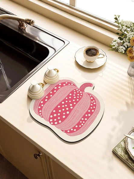 Pembe Noktalı Balkabağı Desenli Diatomit Mutfak Matı - 40x50cm - 3