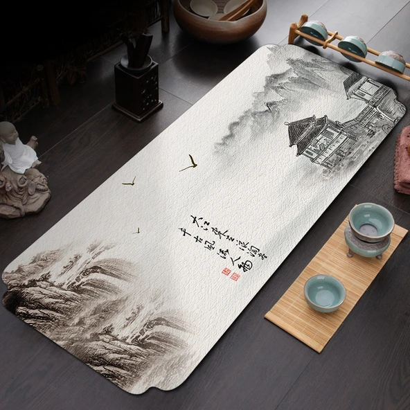 Çin Tarzı Yixing Kil Çaydanlık Altlığı - Mürekkep Dağlar ve Nehirler - 80cm x 35cm
