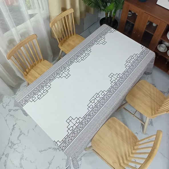 Yağa Dayanıklı Çin Retro Dikdörtgen Masa Örtüsü - Taş Desenli 1.2x1.8m Pencere Desenli 10