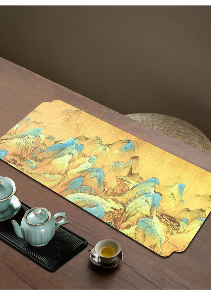 Çin Tarzı Yixing Kil Çaydanlık Altlığı - Dağ Evi Çizimi - 80cm x 35cm - 11