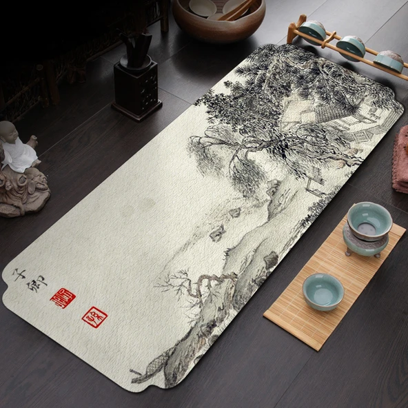 Çin Tarzı Yixing Kil Çaydanlık Altlığı - Dağ Evi Çizimi - 60cm x 27cm