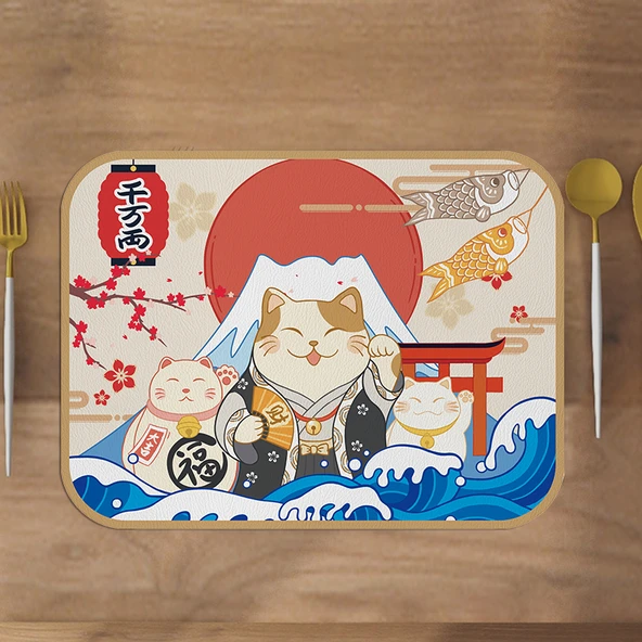 Japon Tarzı PVC Supla Bardak Altlığı - Şanslı Kedi A 30x40cm