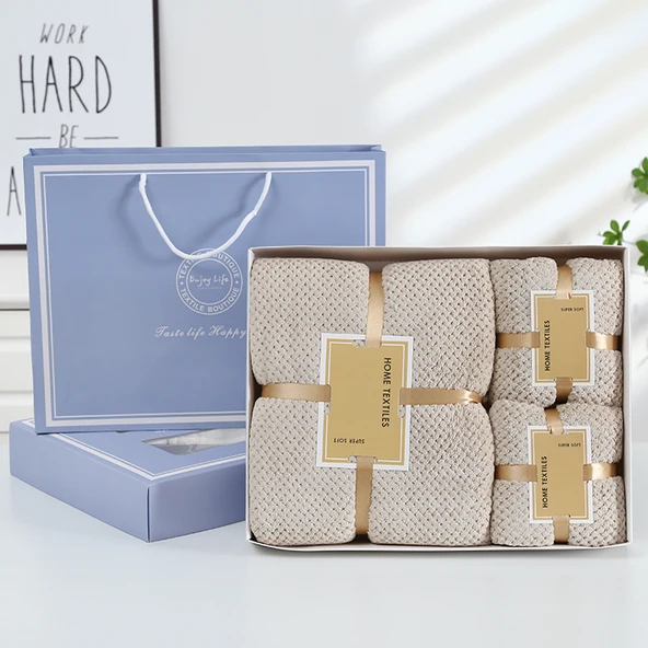 Açık Kahve 1 Banyo 2 Yüz Havlusu Hediye Kutusu - Pamuklu Emici Havlu Seti