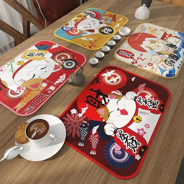 Japon Tarzı PVC Supla Bardak Altlığı - Şanslı Kedi B 30x40cm (2'li Paket) - 5